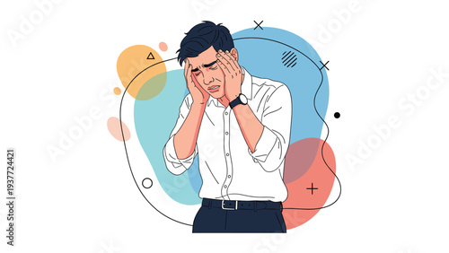 Young man in a white shirt holding his head and grimacing in pain from a severe headache or stress against a colorful background.