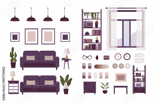 Interior design elements furniture lighting and decorative objects set