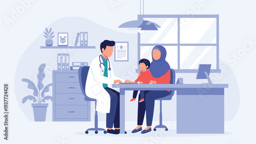 Muslim woman wearing a hijab and her small son sitting in a clinic while a male doctor examines the boy at his desk.