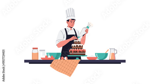 Professional pastry chef in a tall hat and apron carefully icing a large three-tier chocolate cake in a clean bakery kitchen.