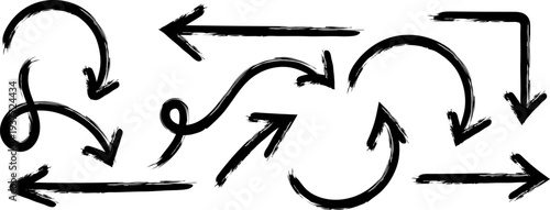 A collection of hand drawn black arrows and looping shapes illustrate concepts of direction flow movement and cyclic processes high quality professional detailed