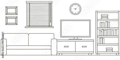 Minimalist living room interior with sofa tv and bookshelf outline