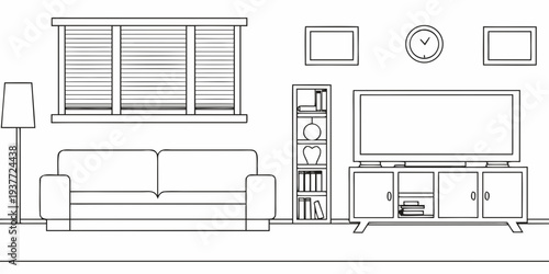 Minimalist living room interior with sofa tv and window illustration