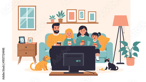 Happy family with two young girls, a dog, and a cat sitting together on a sofa and watching a television show in their home.