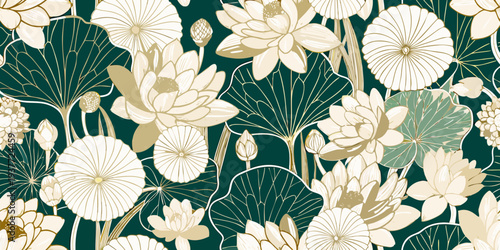 Elegant seamless pattern of golden lotus flowers on a dark teal background