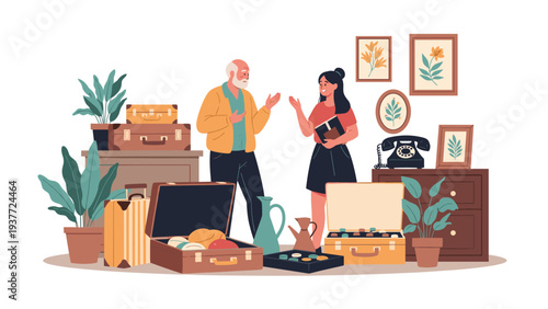 Senior man and a young woman talking and looking at various vintage items and suitcases at a neighborhood garage sale.