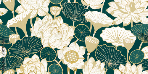 Elegant floral pattern featuring golden lotus flowers and dark teal leaves