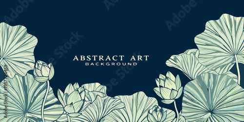 Elegant botanical illustration with lotus flowers and leaves on a dark background