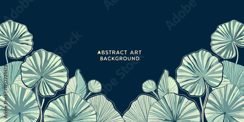 Abstract botanical illustration with overlapping fan shaped leaves on dark blue
