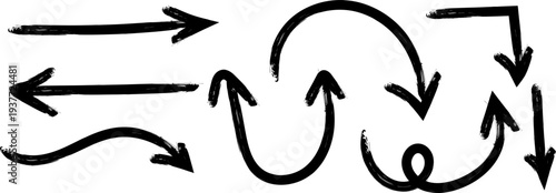 A collection of hand drawn black arrows and a circular loop illustrating different directions and cyclical processes high quality professional detailed modern elegant