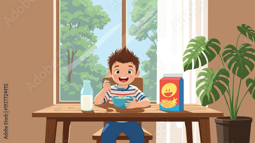 Happy young boy sitting at a wooden table and eating a bowl of cereal with milk for breakfast in a bright room with trees view.