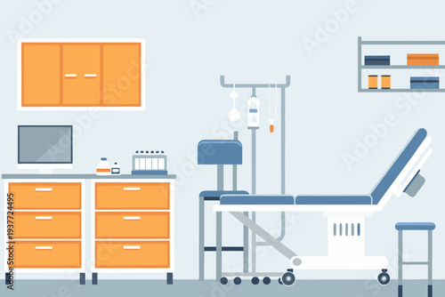 A brightly colored stylized illustration of a medical examination room
