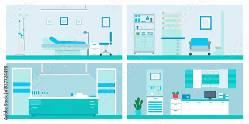 Illustration of a modern hospital interior with various patient rooms and equipment