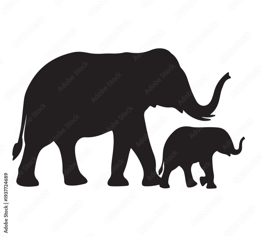Obraz premium Graphic silhouette of a majestic adult elephant with its young calf, symbolizing profound family bonds, maternal care, and the gentle strength of the animal kingdom