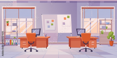 A brightly lit modern office space with desks chairs and a whiteboard