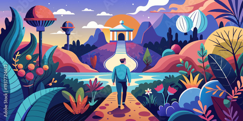 a man walking in time garden, illustration perspective surreal dreamland, idea for self-challenge concept and experience spiritual journey background, Generative