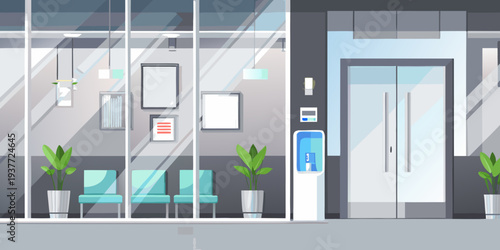Modern hospital lobby with waiting area plants and a check in kiosk