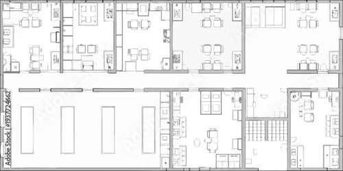 Architectural plan depicting an office layout with desks walls and corridors