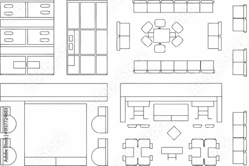 Overhead view of a modern office layout with furniture arrangements
