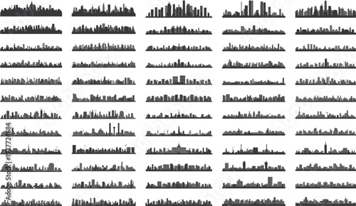 Massive collection of seventy‑two unique black city skyline silhouettes showcasing diverse global architecture, towers, domes, bridges, and skyscrapers