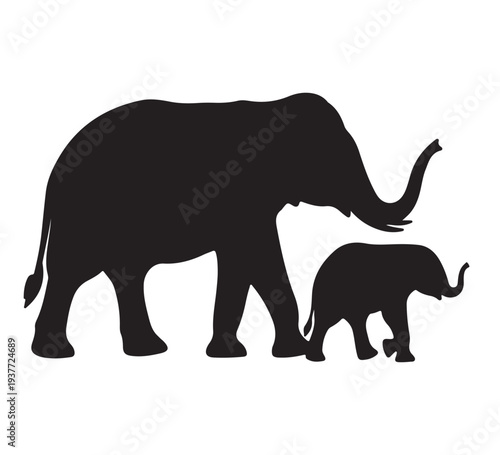 Graphic silhouette of a majestic adult elephant with its young calf, symbolizing profound family bonds, maternal care, and the gentle strength of the animal kingdom