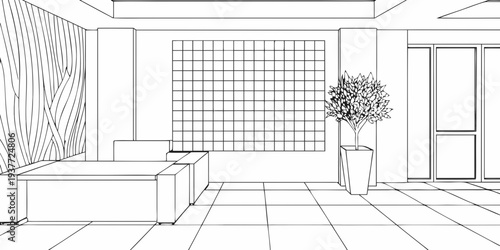 Minimalist interior scene featuring seating wall textures and a potted plant