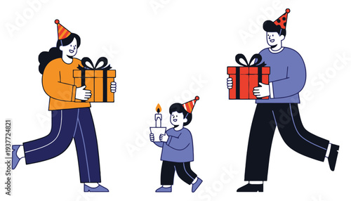 A family celebrating a birthday with gifts and a lit candle