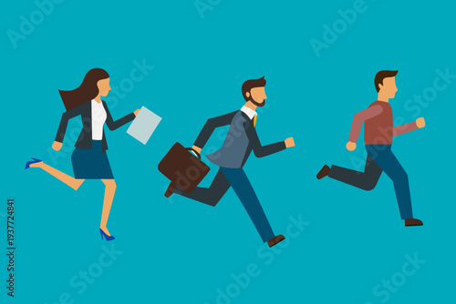 Business professionals are running quickly likely late for an important meeting