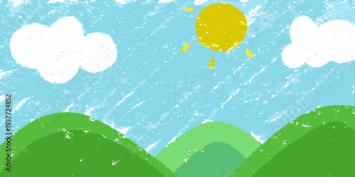 A childlike drawing depicts a bright sun fluffy clouds and rolling hills