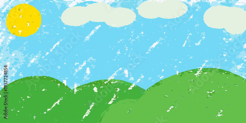 A child s drawing of a sunny day with green hills and fluffy clouds