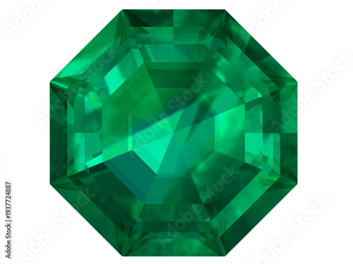 Brilliant Octagon-Cut Emerald Gem on Black Background, High-detail octagon-cut emerald gemstone render with vivid green facets and bright reflections, isolated on black for luxury designs.