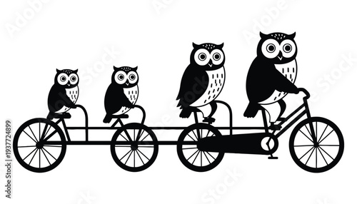 Owl silhouette illustration of four owls riding a tandem bicycle