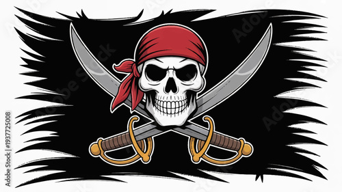 Pirate flag with skull and crossed swords on black background with frayed edges symbolizing danger and adventure