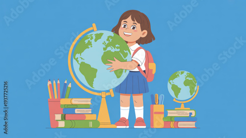 Young schoolgirl holding large globe surrounded by books and educational supplies on blue background