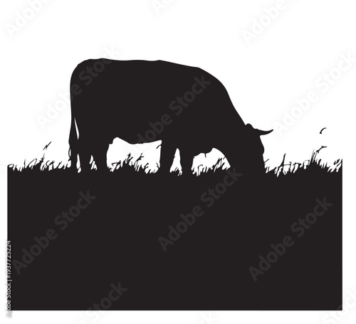 Silhouette of a cow grazing peacefully in a grassy field, capturing the essence of rural life and agricultural beauty with a simple yet elegant design