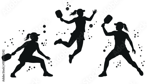 Pickleball silhouette illustration of women playing sport with paddles and balls