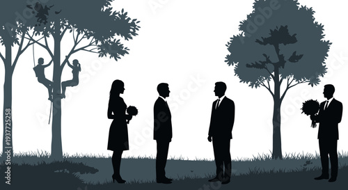 Silhouettes of people gathered in a park for a wedding ceremony.