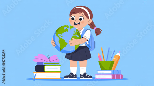 Young girl in school uniform holding a globe surrounded by books and stationery