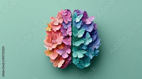 Brain shape formed by colorful butterflies on a pastel background, representing creativity and thought