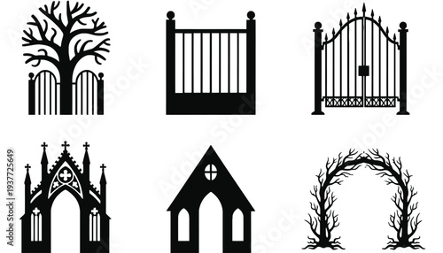 A collection of gothic architectural elements and gates.