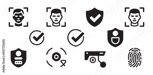 Face recognition and biometric scanning icons for modern identity verification and secure surveillance