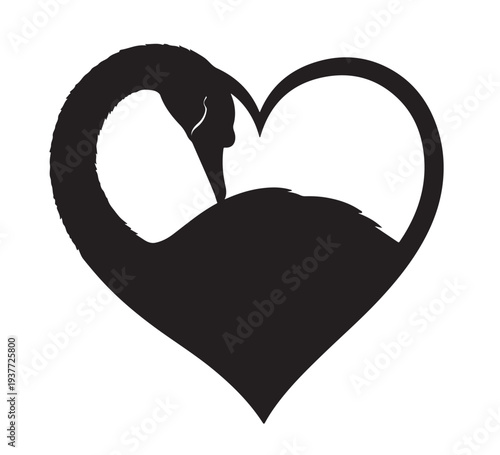 A sophisticated black silhouette of a swan's gentle curve embracing the contours of a heart, symbolizing profound affection and natural beauty