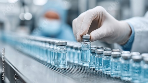 Close-up of a gloved hand inspecting a row of pharmaceutical vials on a production line