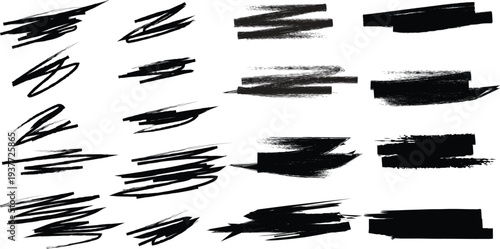 Collection of expressive black brush strokes on white background for artistic design
