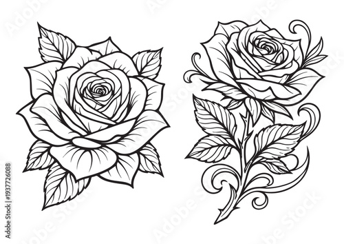 Tattoo Style Rose Coloring Page – Decorative Rose Line Art for Adult Coloring Book
