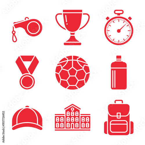 A collection of nine red silhouette icons represents various sports equipment and academic symbols on a white background.
