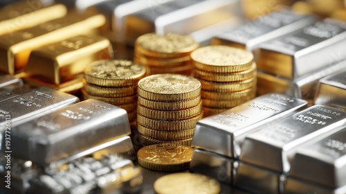 bullion. Abstract gold and silver elements arranged elegantly, symbolizing financial prosperity and wealth. pitch deck slides.