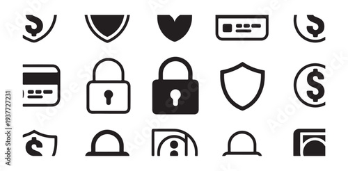 Financial protection and cyber security icons set with locks shields and currency symbol elements