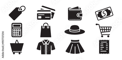 Retail and financial icons collection features shopping cart credit cards wallet calculator and clothing