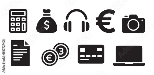 Financial accounting digital media and commerce solid icons calculator money euro camera laptop credit card